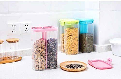 Clear plastic food storage container with two internal compartments.