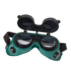 Ergonomic dark green welding goggles designed to fit comfortably over prescription glasses.