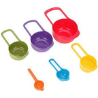 Close-up of yellow and blue plastic measuring spoons showing clear measurement marks.