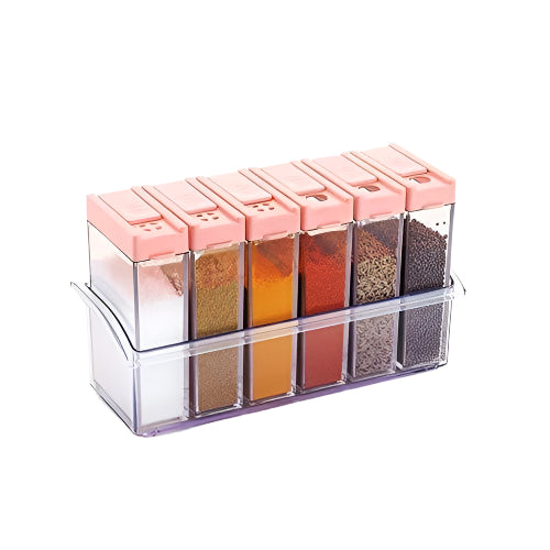Six-piece multicolor plastic spice jars set with secure lids.