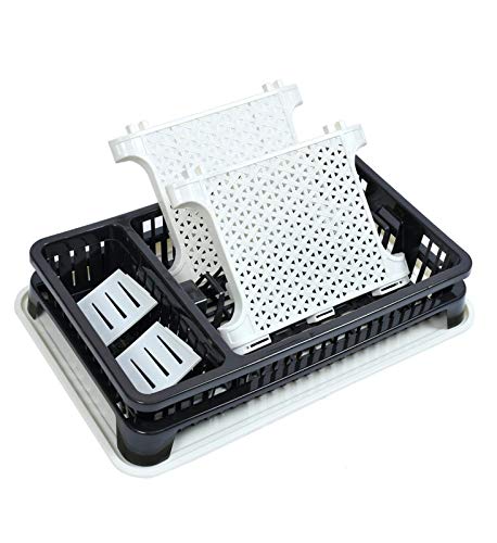 Compact dish drying rack with a removable water tray for easy cleaning.