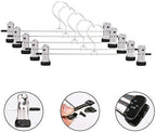 A dozen stainless steel hangers featuring adjustable clips for various garments.