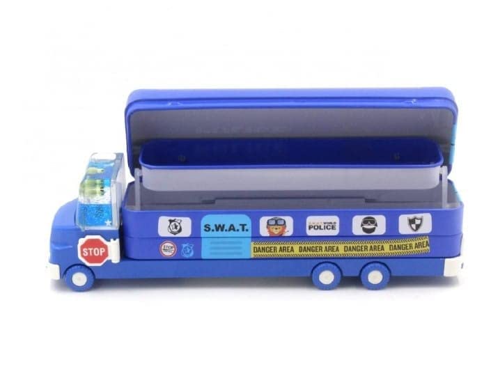 Close-up of the metal pencil case showing its practical design for school children.