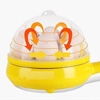 A hand placing eggs into the egg holder of the automatic egg cooker for boiling.