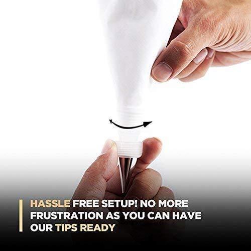 Piping nozzles and a disposable bag on a white surface, ideal for cake icing.