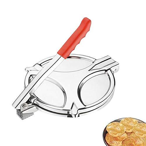Stainless steel puri press machine with a wide, flat base for even dough flattening.