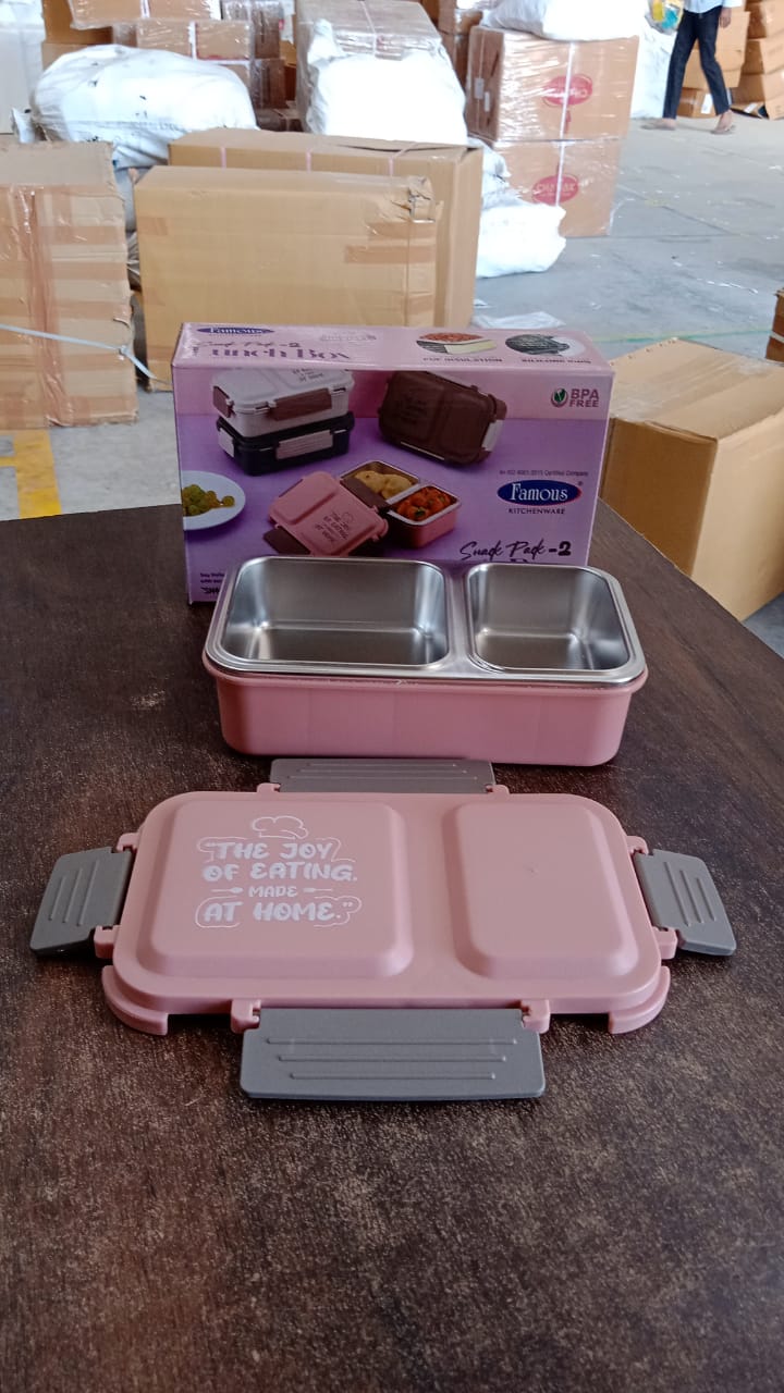 Empty BPA-Free lunch box standing vertically showing pastel color design
