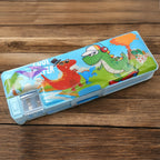 Front view of a vibrant plastic kids pencil case with cartoon print and two compartments.