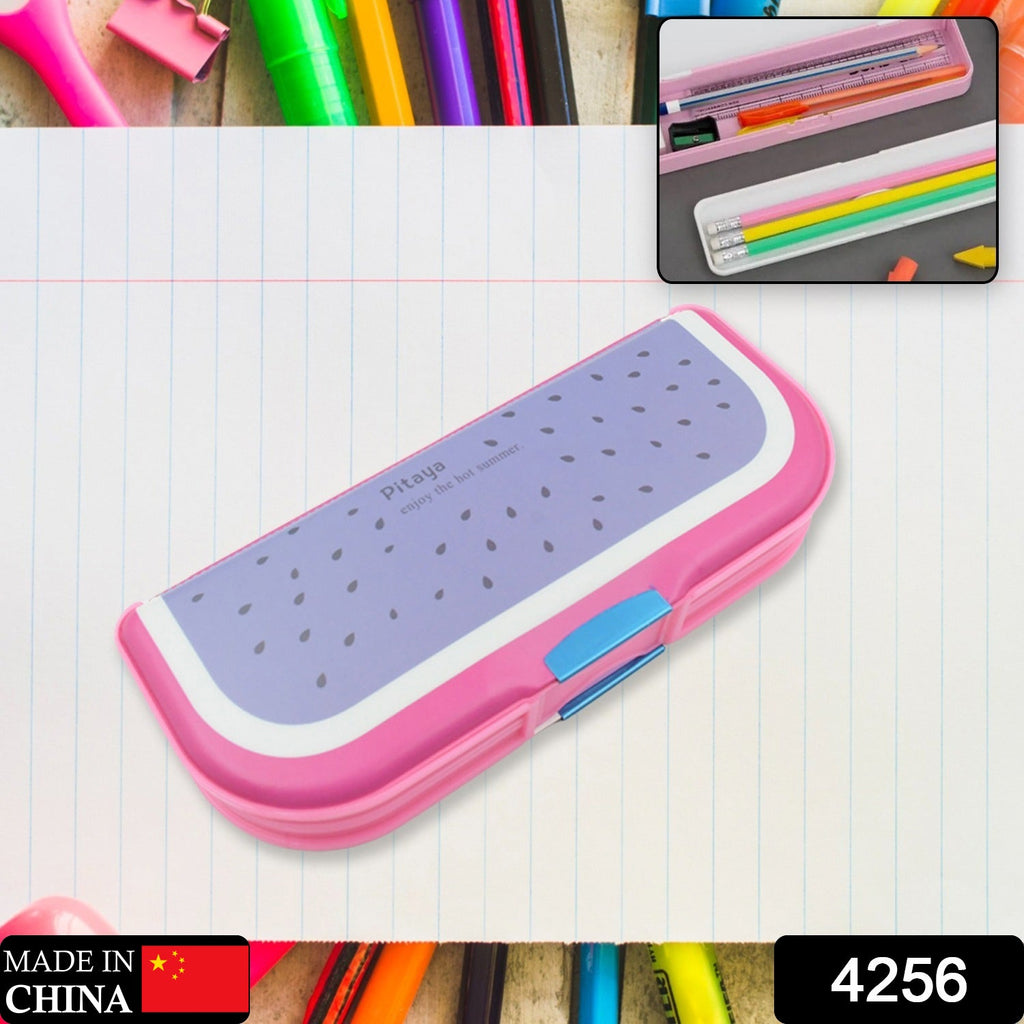 Colorful kids' cartoon pencil case featuring a fun print and two compartments.