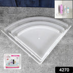 Wall-mounted plastic corner shelf holding shampoo and bath products.