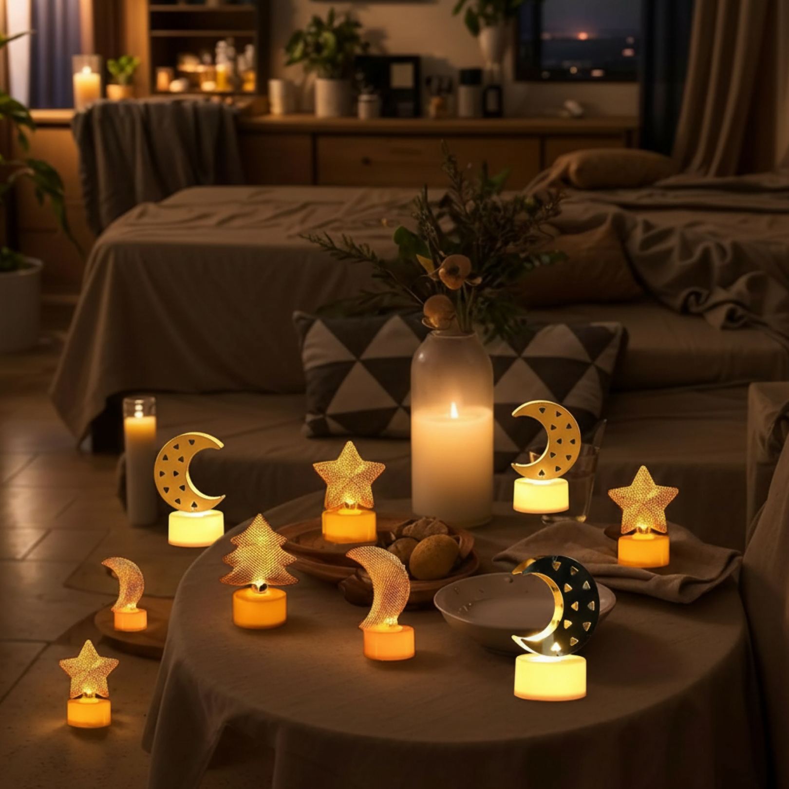Battery operated moon shaped flameless LED candle with crescent moon cut-out design