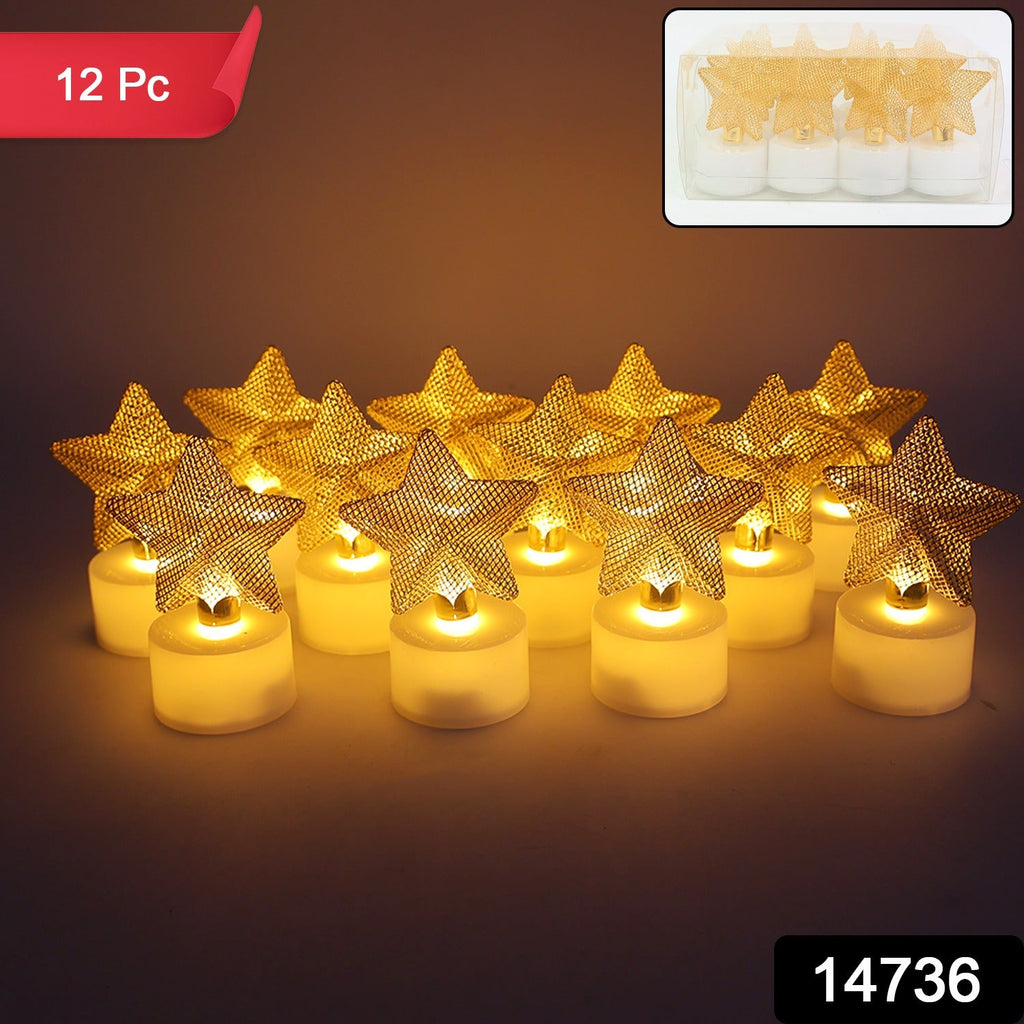 Decorative LED star candles glowing softly in dark setting
