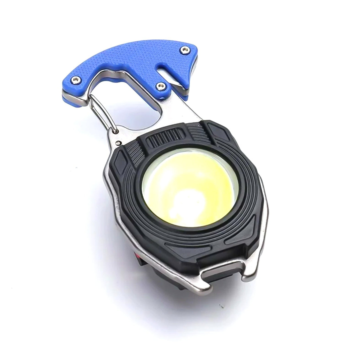 Black rechargeable LED keychain flashlight with a keyring attachment, ready for use.