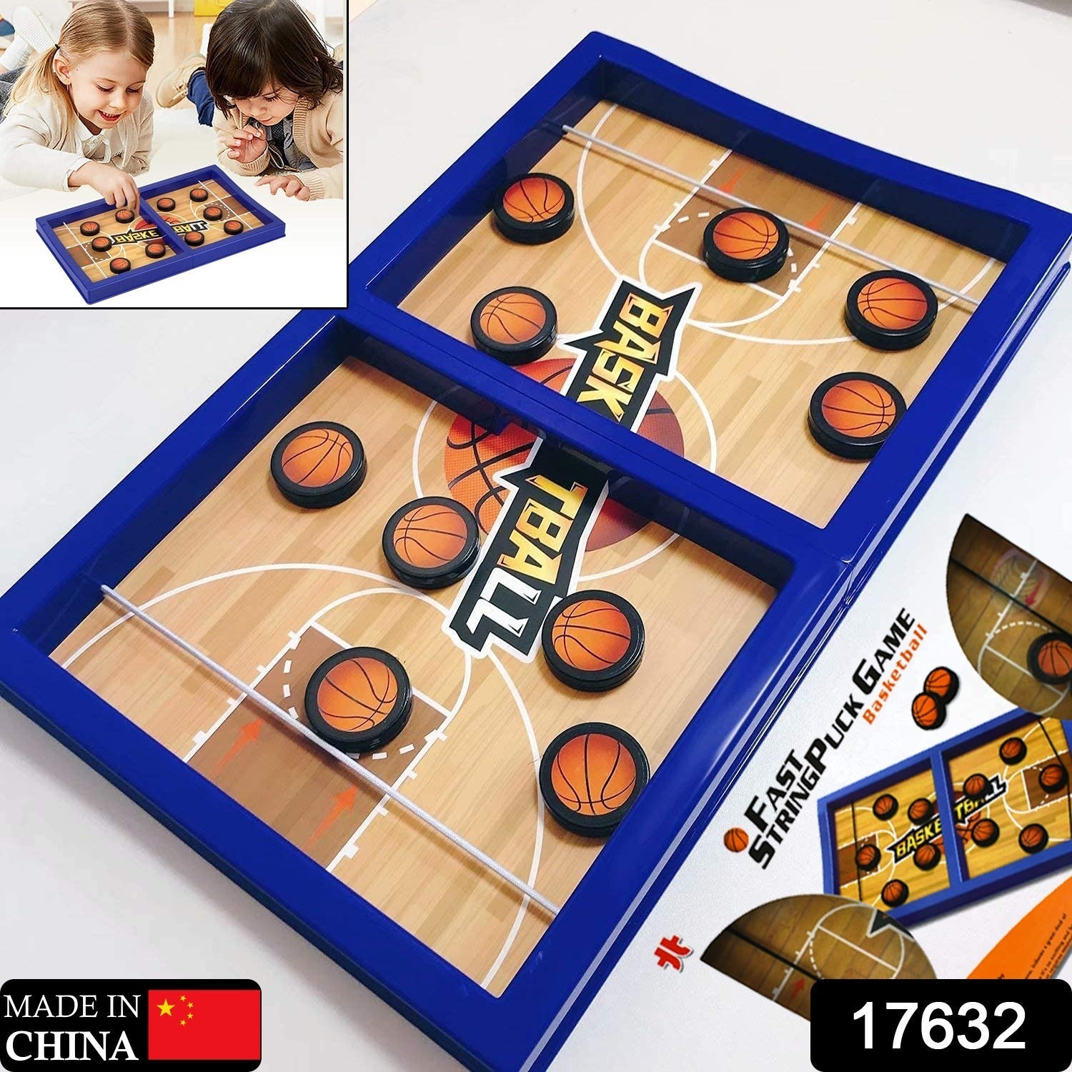 Two players engaged in a fun sling puck battle across the mini basketball court.