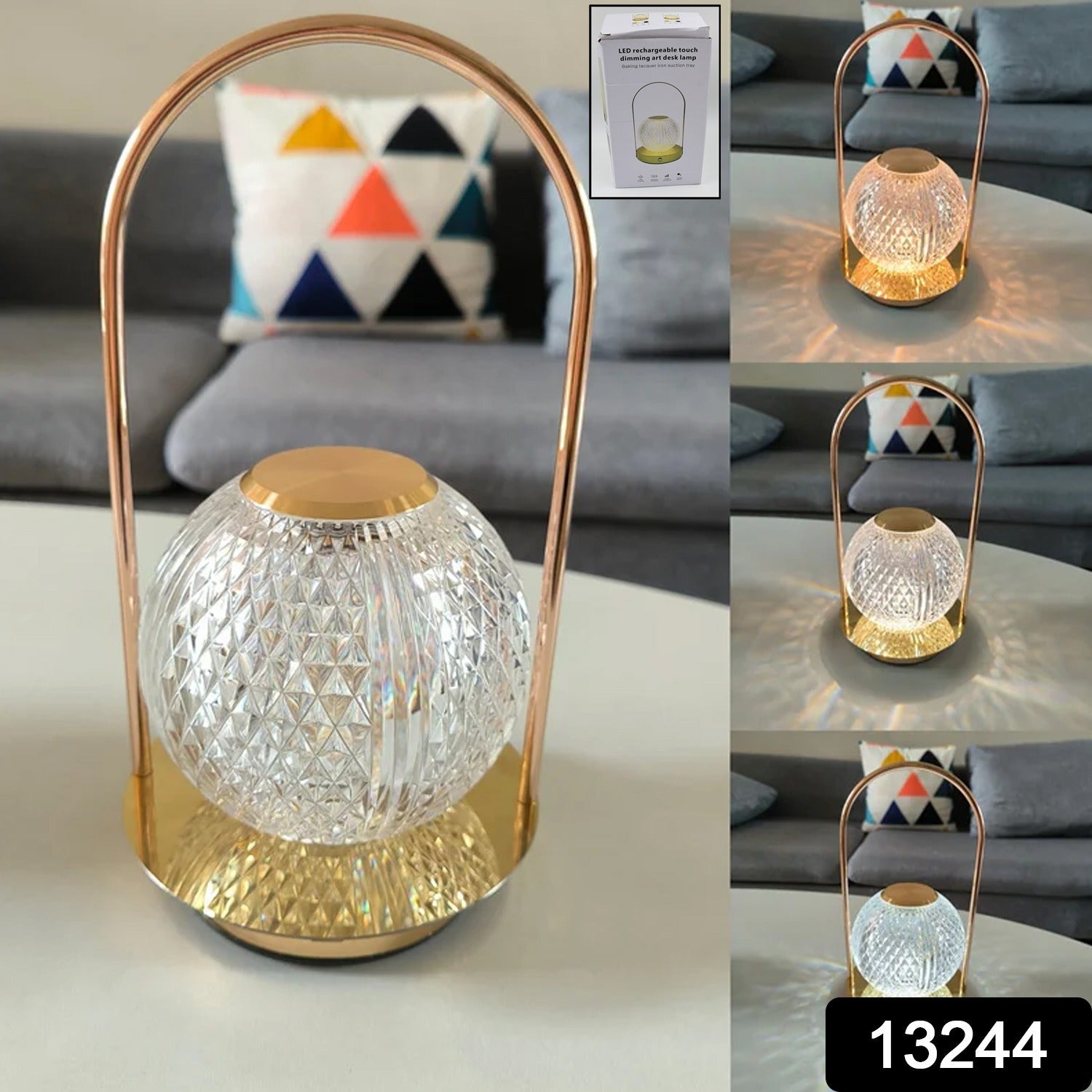 Elegant rechargeable LED lamp with a golden base and acrylic shade.