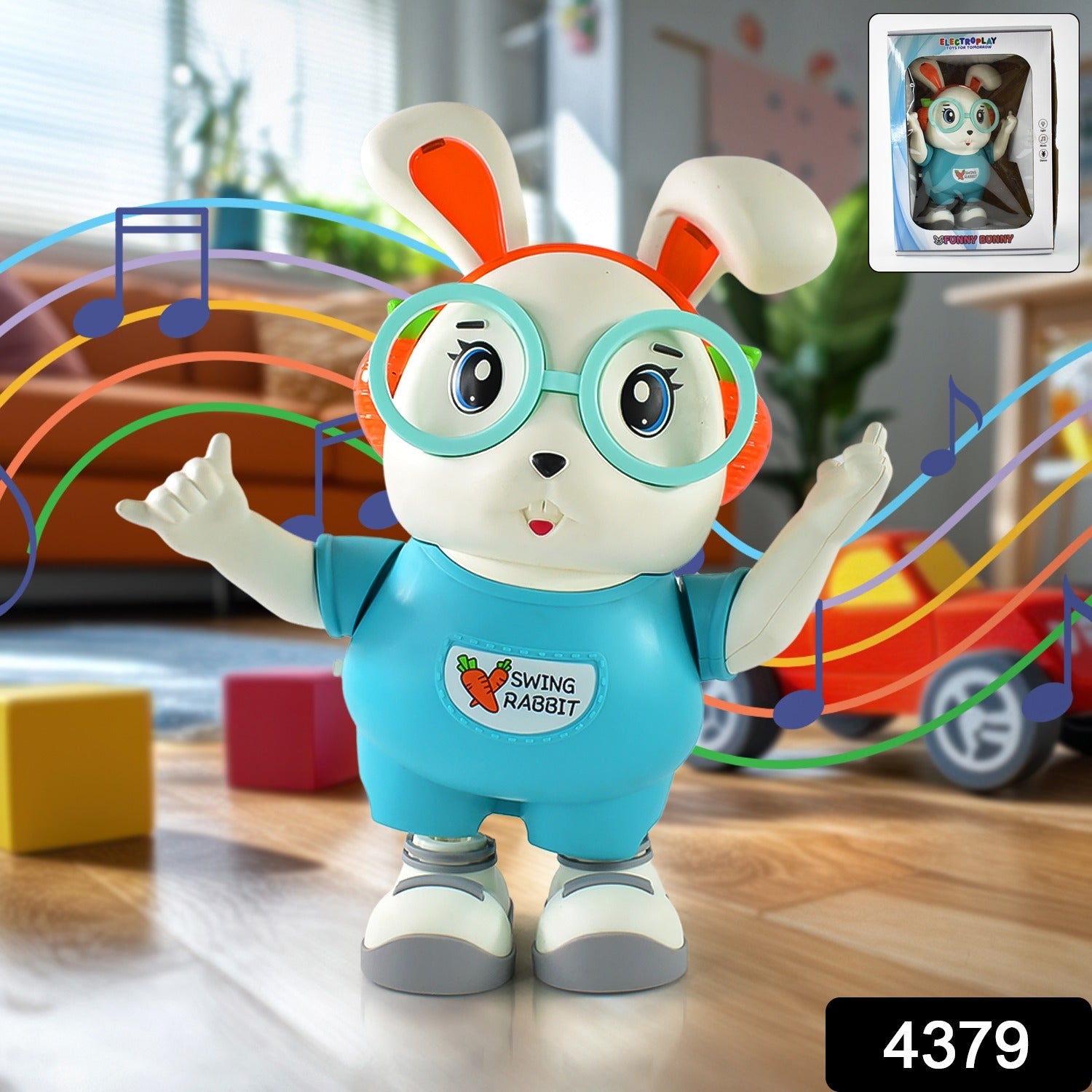 Swing Rabbit interacting and dancing with bright colors and sound