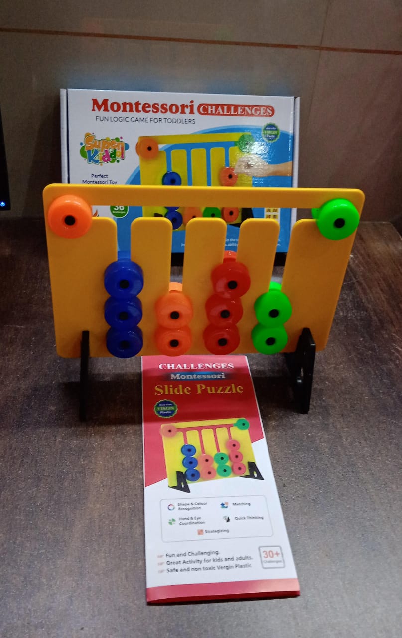 Montessori Slide Puzzle set in its compact, travel-friendly packaging and storage box.