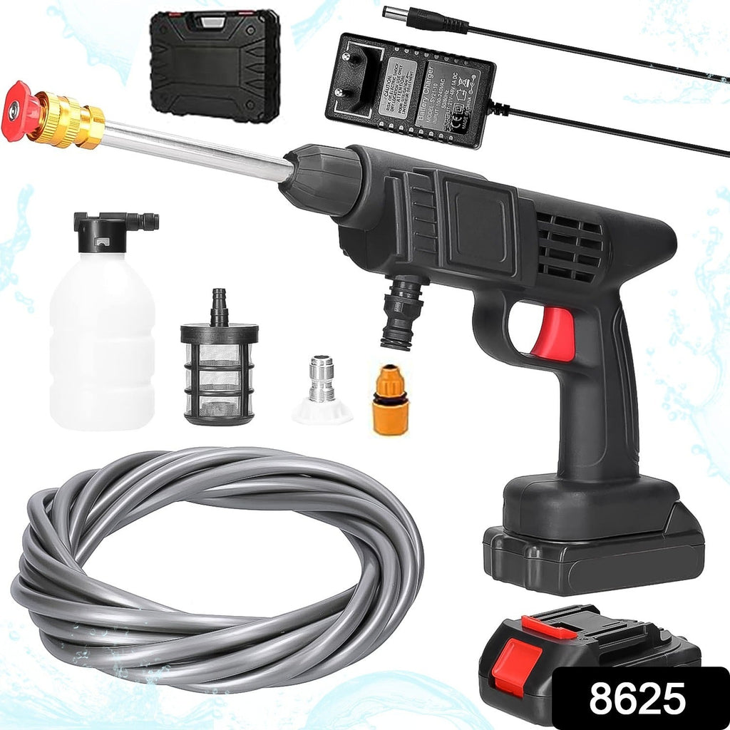 Components of the 48V wireless high-pressure car washer kit, including battery and hose.