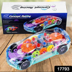 Side view of the musical gear car toy, showcasing its transparent design and vibrant lights.