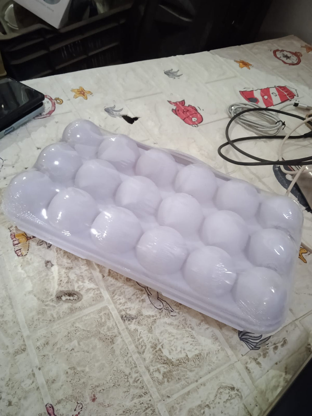 Empty 18-grid plastic egg tray, ready for fresh eggs.