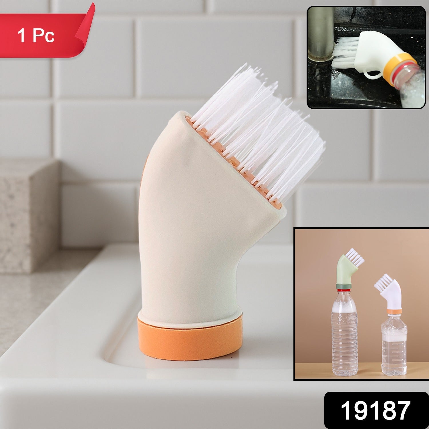 Refillable plastic bottle paired with cleaning brush for dispensing solution
