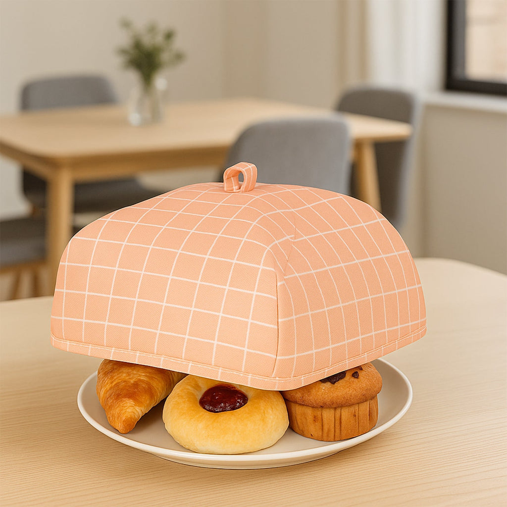 Foldable Food Cover open on a rustic wooden table, ready to protect dishes.