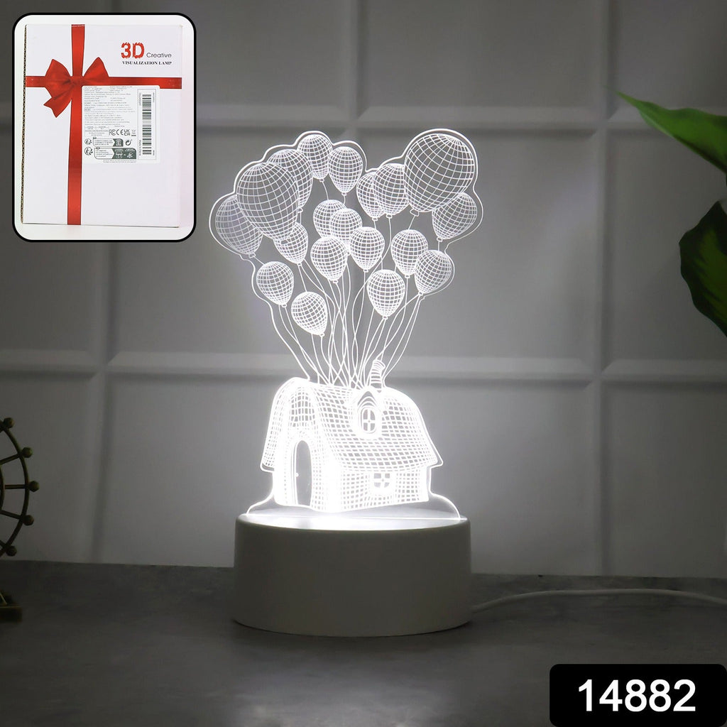 Close-up of 3D Illusion LED Night Lamp showing detailed house and balloons design