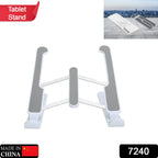 Adjustable tablet stand with foldable legs for ergonomic viewing.