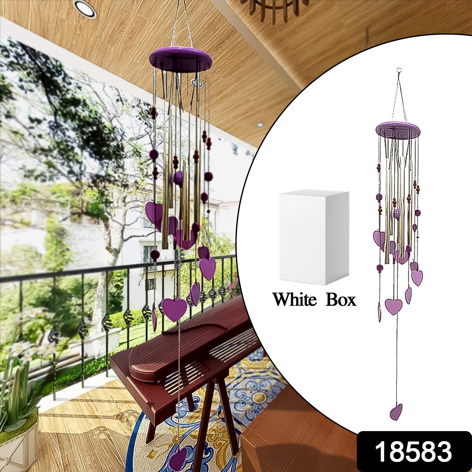 Close-up of the charming smiley and heart design on the decorative wind chime.