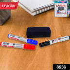 Fine tip whiteboard markers in blue, black, red with included duster