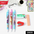 Complete 6-in-1 stationery set including pens, stapler, staples, and eraser
