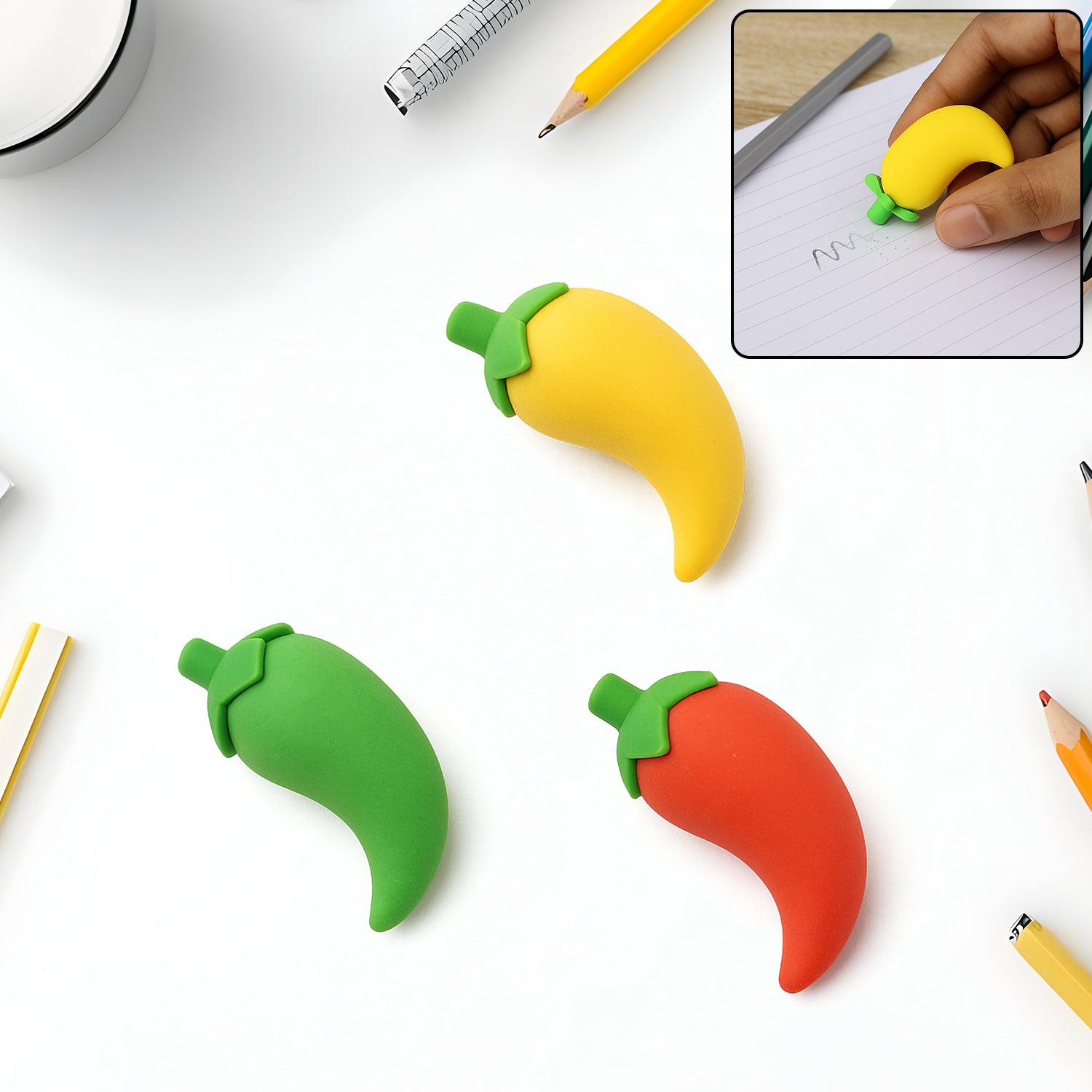 A set of three colorful 3D chili shape erasers displayed against a white background.