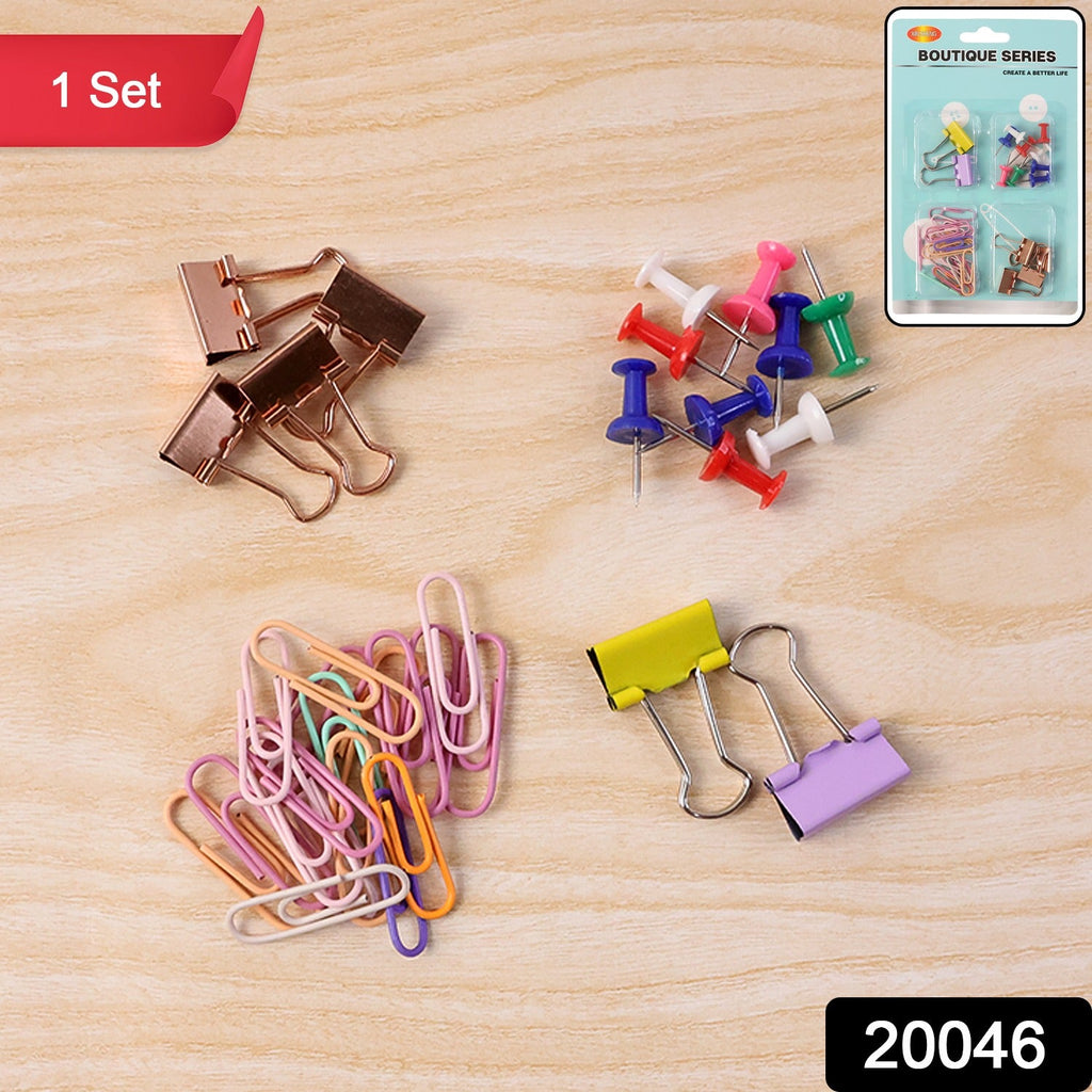 Assorted colourful paper clips included in office clips & pins set