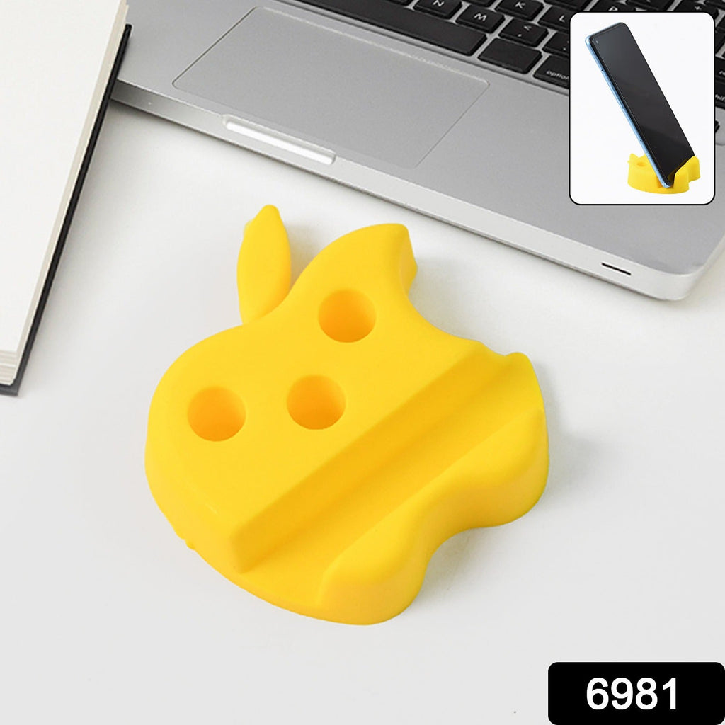 Colorful apple-shaped mobile stand holding a phone and pens