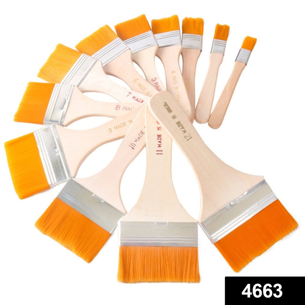 Top view of a 12-piece Flat Paint Brush Set with vibrant multicolor ergonomic handles.