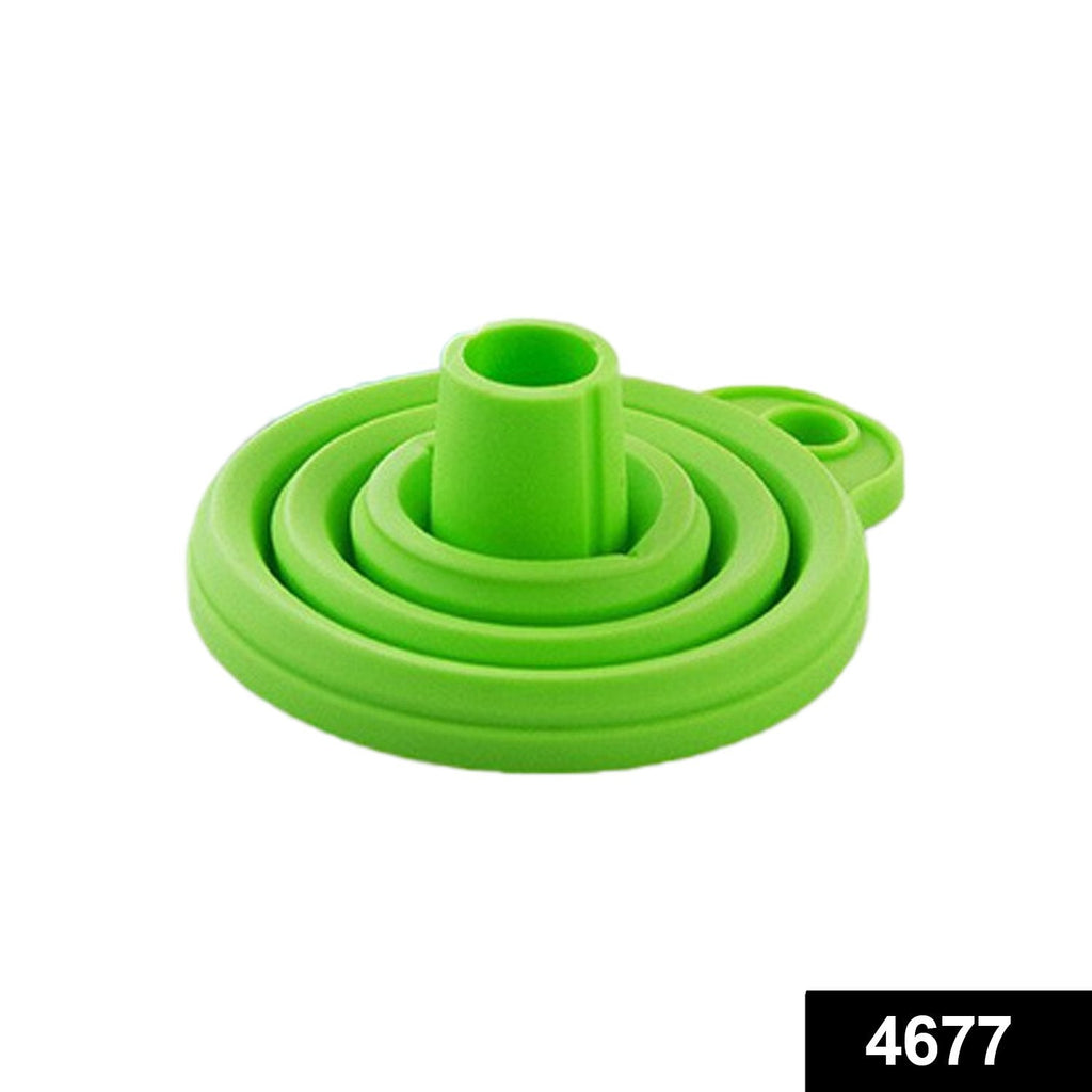 Red food-grade silicone funnel shown in its expanded and collapsed forms.