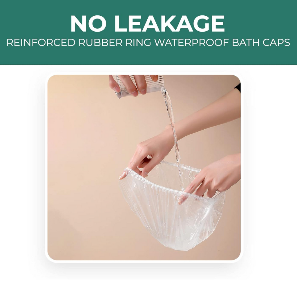 Individually wrapped VelvaBloom disposable shower cap for hygienic travel and storage.