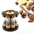 Indo Glow Revolving Spice Rack with 8 transparent jars on a kitchen counter.
