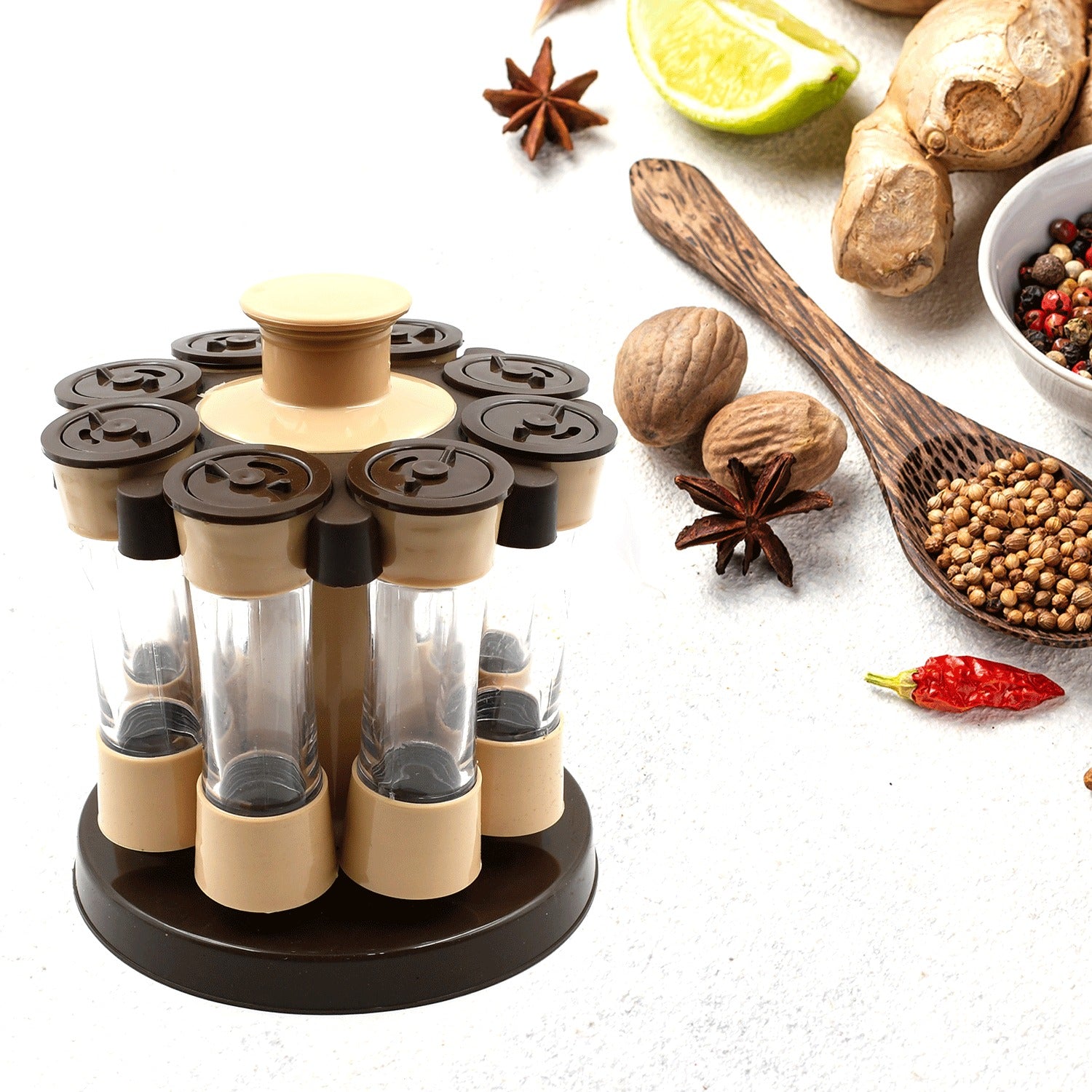 Indo Glow Revolving Spice Rack with 8 transparent jars on a kitchen counter.