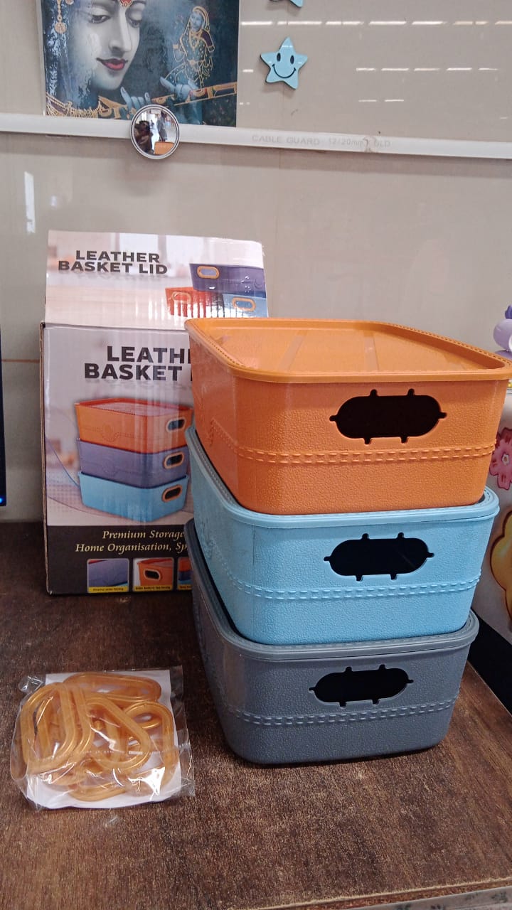 Side view of multipurpose plastic storage basket set with handles