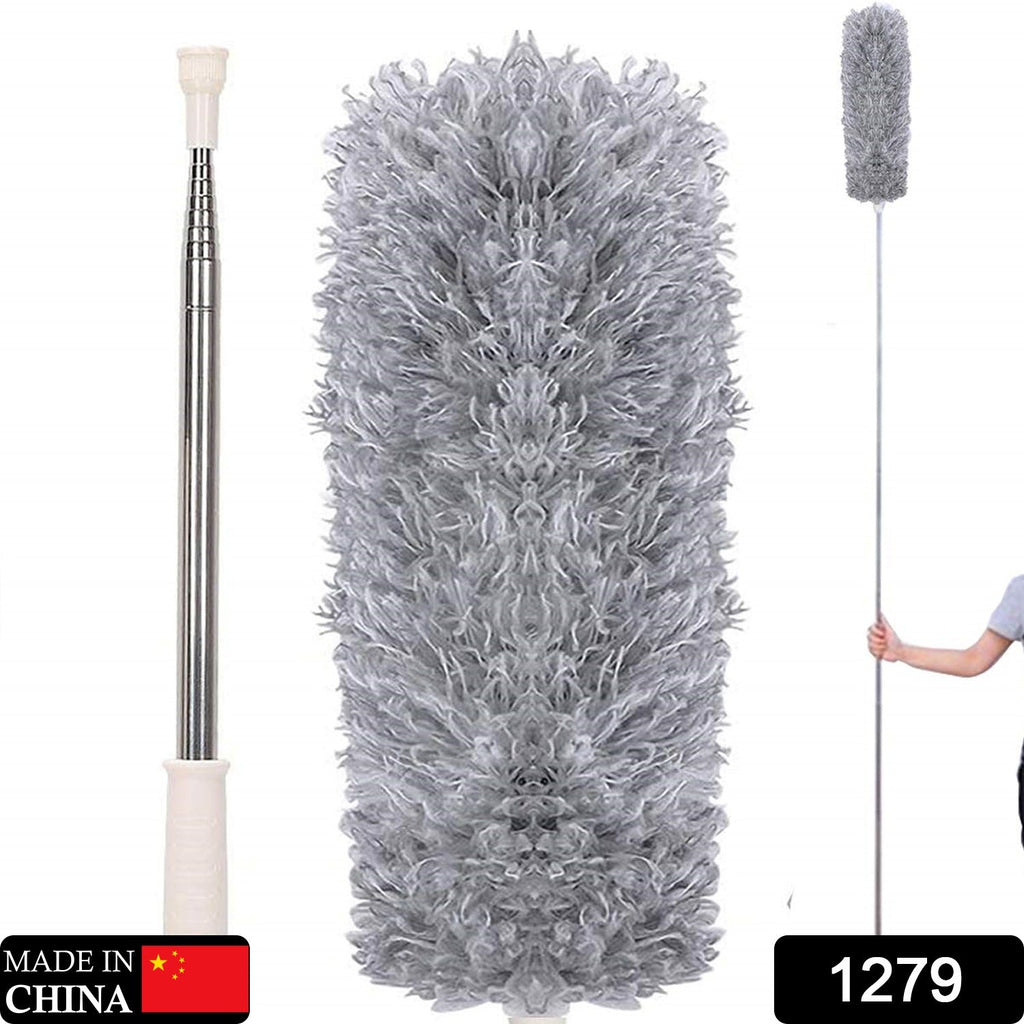 Flexible microfiber duster head cleaning a ceiling fan.