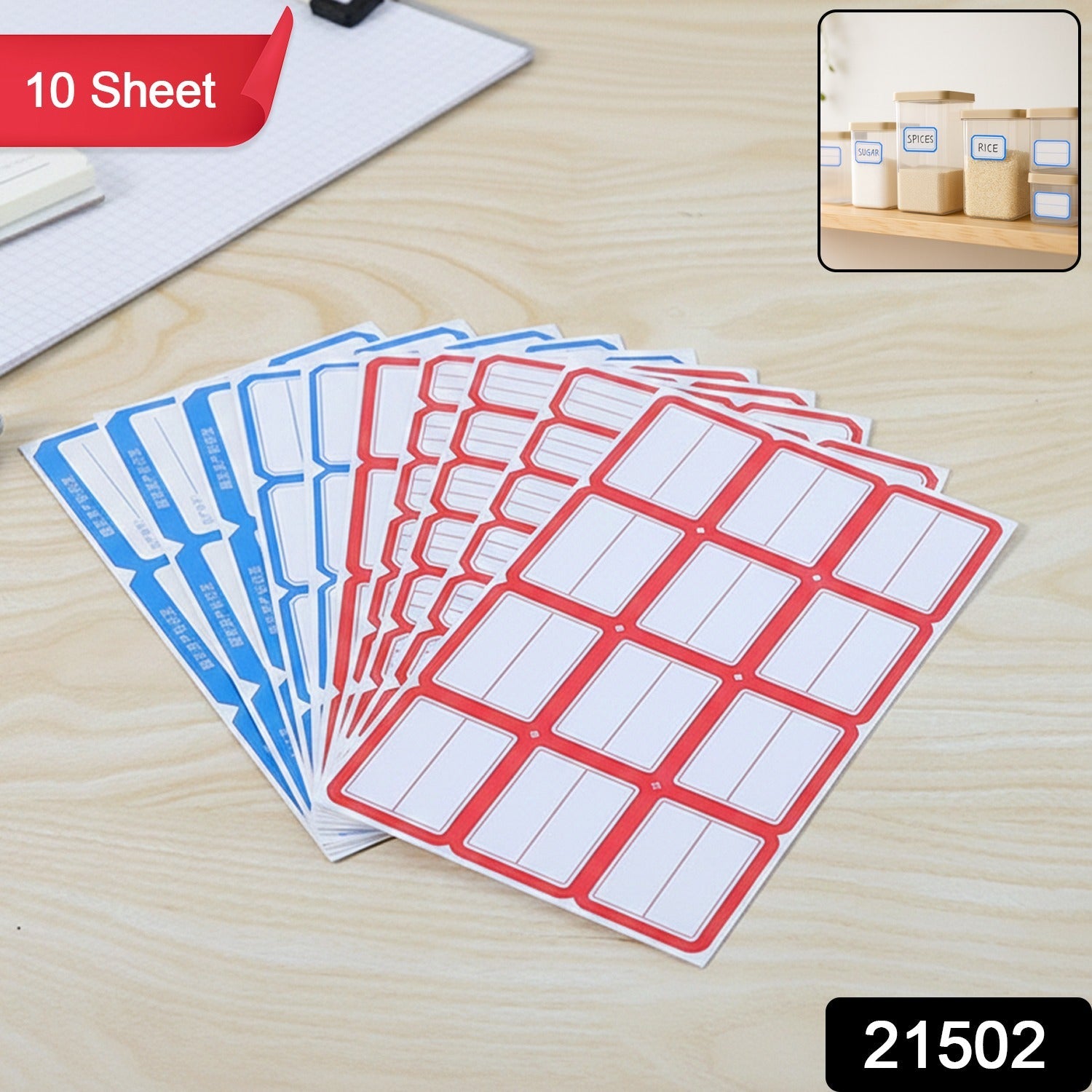 Multiple sheets of red and white self-adhesive label stickers stacked