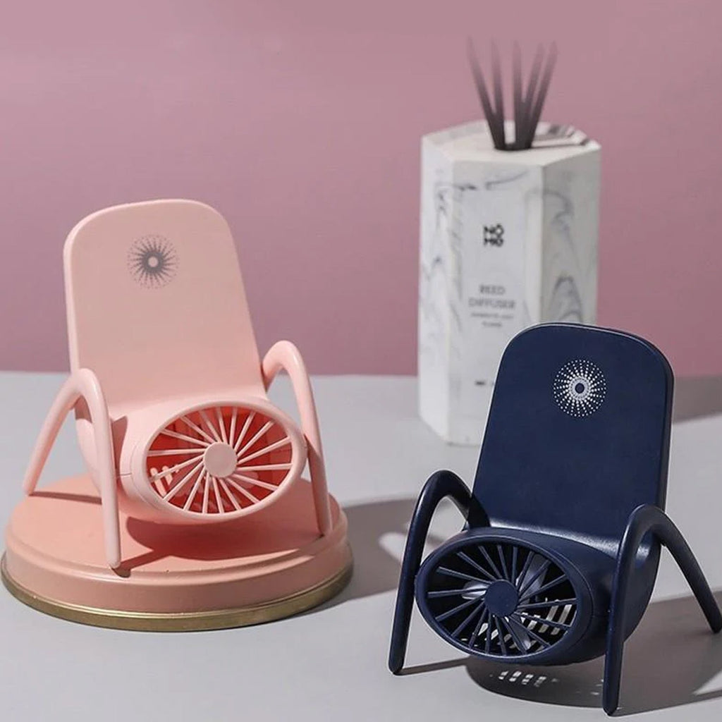 Portable Phone Holder Fan in white, showcasing its compact design and integrated stand.