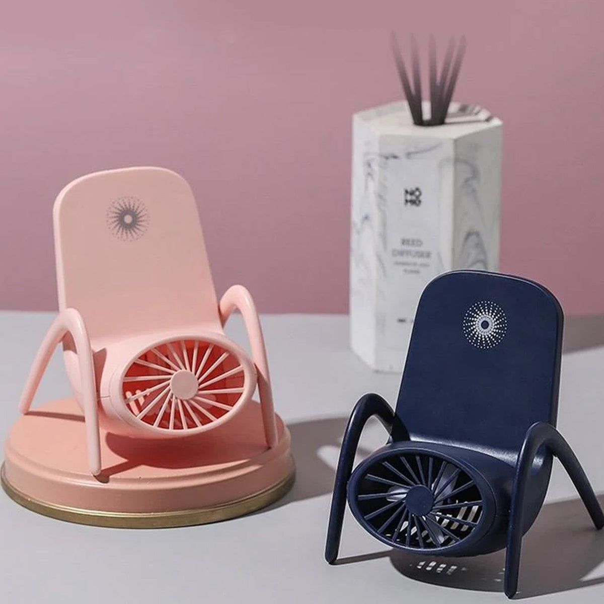 Portable Phone Holder Fan in white, showcasing its compact design and integrated stand.