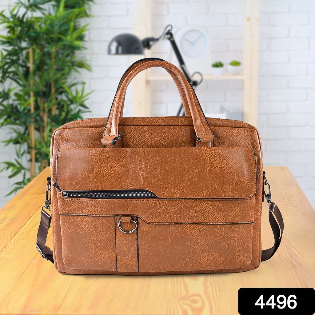 Business-style faux leather briefcase with front zip pocket and carry handle