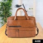 Business-style faux leather briefcase with front zip pocket and carry handle