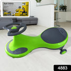 Side view of kids swing car featuring stable base and textured footrests