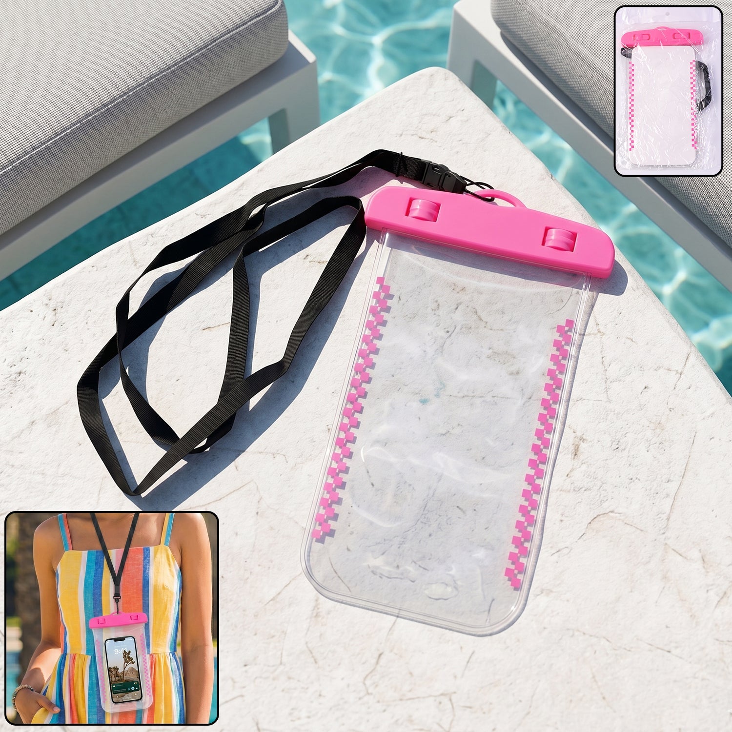 Main image of pink waterproof mobile pouch cover with lanyard