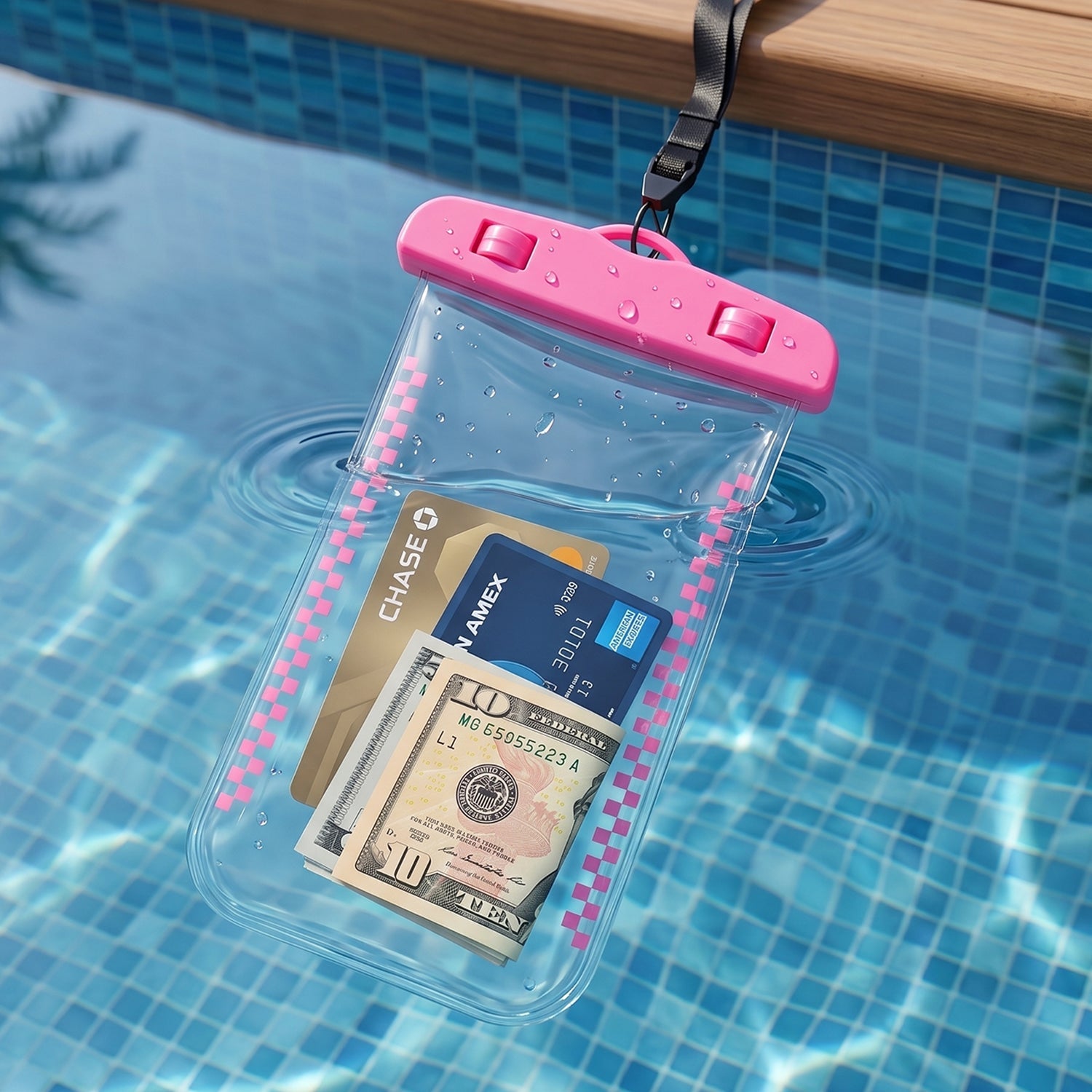 Demonstration of waterproof pouch used in swimming pool