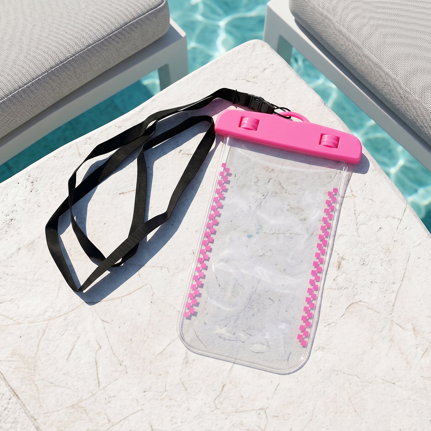 Studio shot of waterproof mobile pouch cover showing clear panels and seal